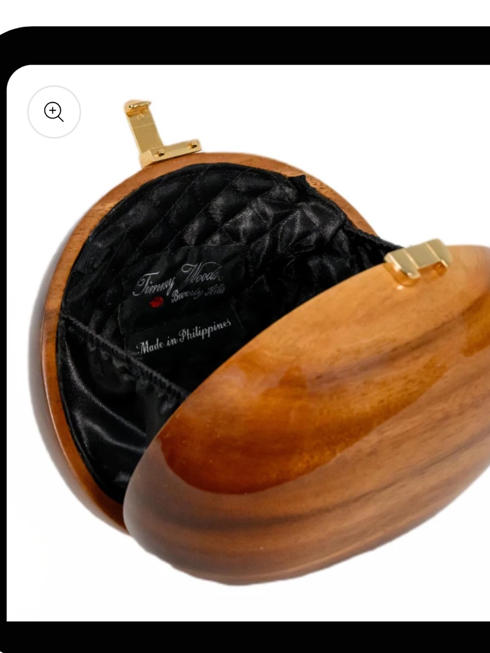 Timmy Woods Brown Wood Oval Clutch with Black Quilted Interior